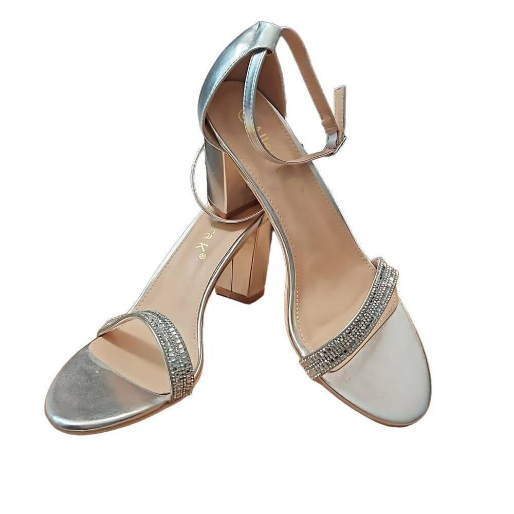 Allegra K Sandals Block Heels Solid Rhinestone Ankle Strap Sandals Silver 9